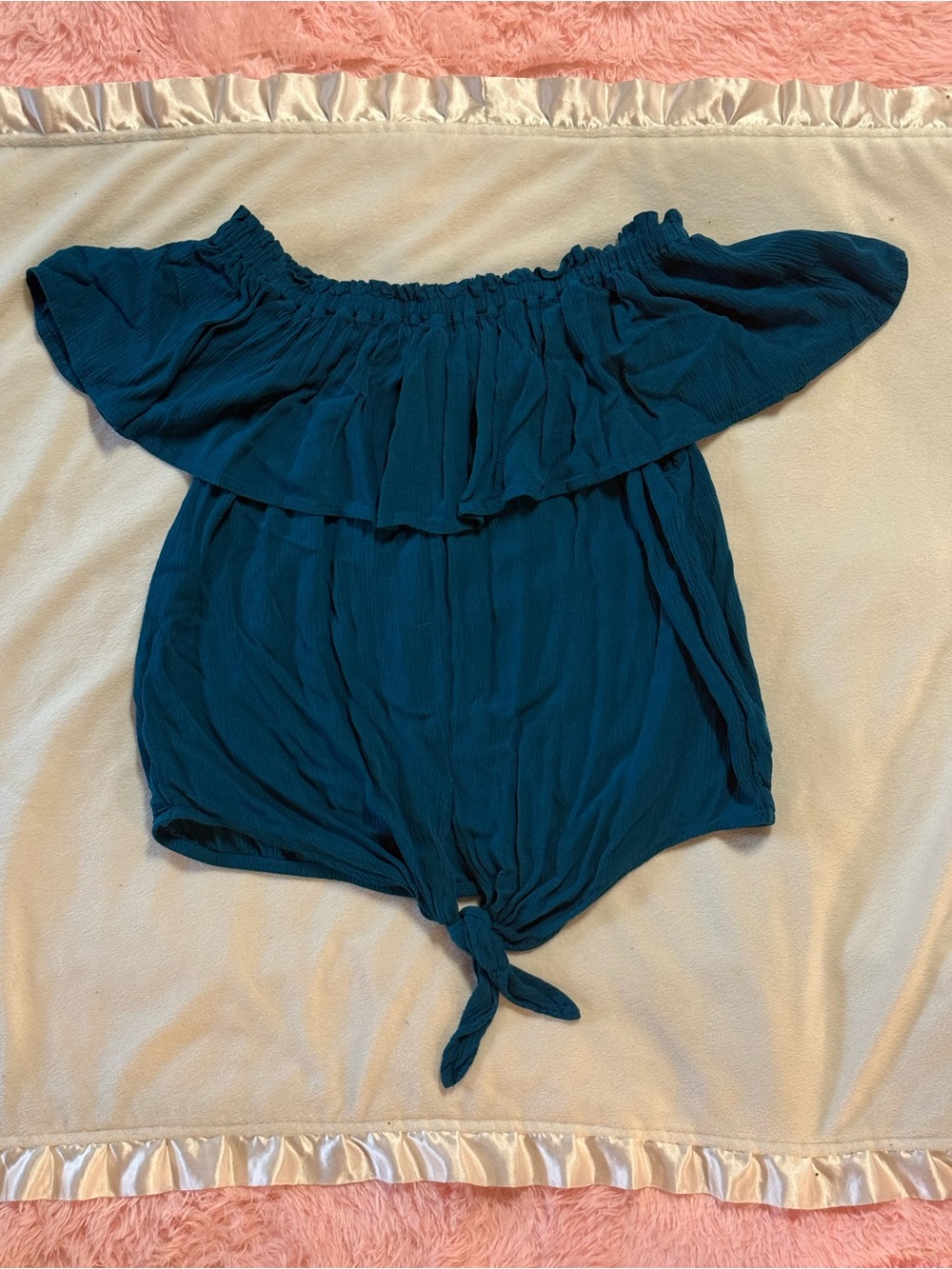 EXPRE Teal Off-the-Shoulder Ruffle Blouse Tie Front Size S/P EUC